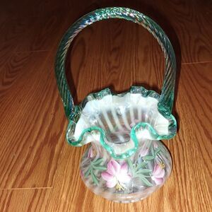 Fenton 90th Anniversary "AZALEAS" Hand Painted Opalescent Iridescent Basket